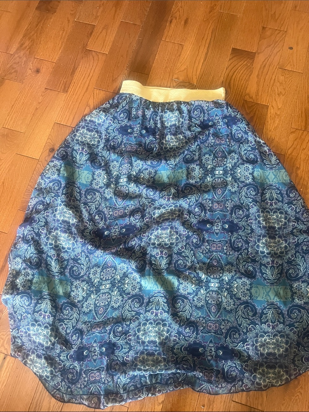 LuLaRoe Blue Paisley A-Line Midi Skirt with Cream Waistband